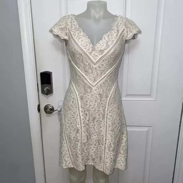 Adrianna Papell Women’s 6 Lace Embroidered V Neck Dress with in Ivory Nude