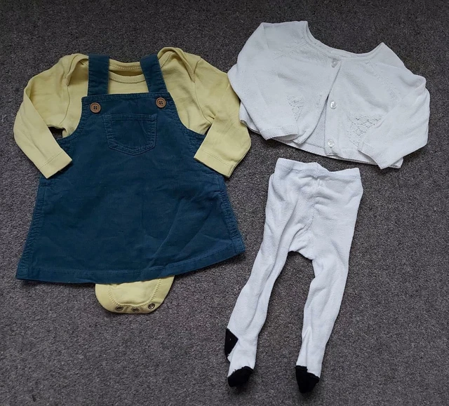 Lovely Girls 4 Piece Outfit, Pinafore Dress/Bodysuit/Tights/Cardigan  0-3 Months