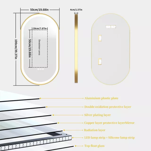 Oval LED Bathroom Mirror Anti-Fog 3 Touch Lighted Gold Frame Large Demister Pad