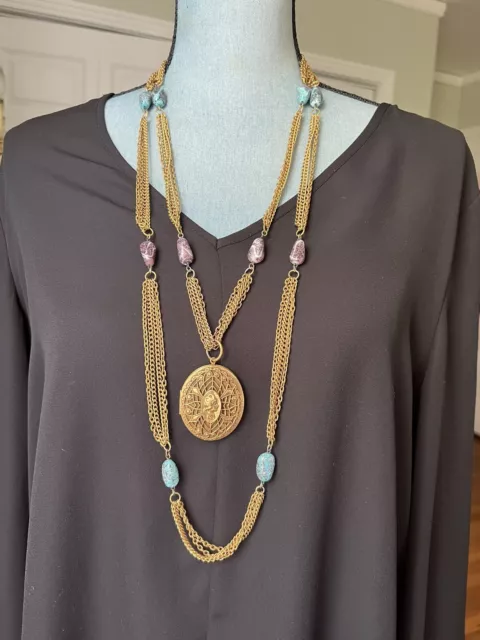 VTG MOD Art Nouveau style Cameo Locket Necklace Gold Multi Chain Turquoise 1960s
