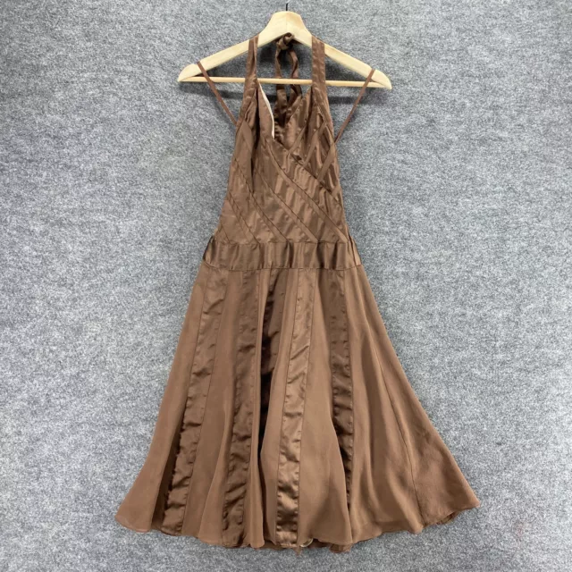 BCBGMAXAZRIA Dress Women 2 Brown Shift Midi Halter Neck Lined Sleeveless Silk