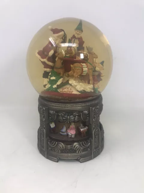 Globo de nieve giratorio musical vintage Mercuries ""Santa's Workshop"" con base de metal