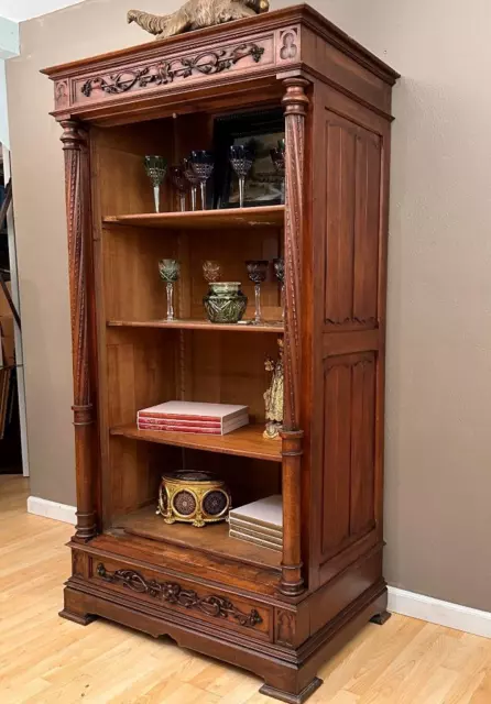 Antique Gothic Revival French Bookcase/Cabinet/Shelf Set in Walnut