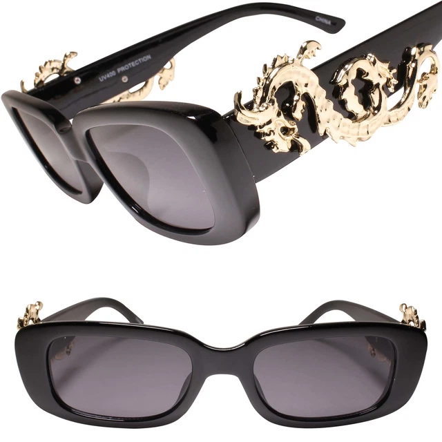 Rectangular Frame w/ Gold Metal Dragon Accent Vintage Rectangle Black Sunglasses