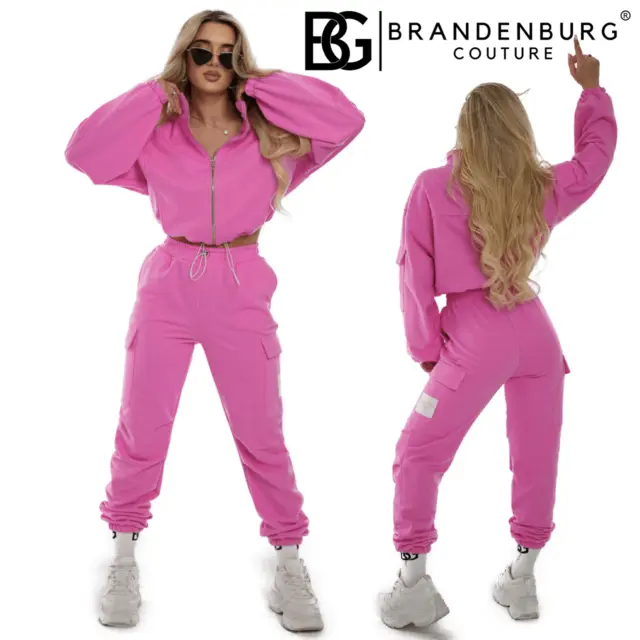 Womens cotton tracksuit bright Pink sweatshirt with zipper cargo pants trousers