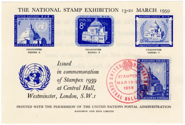 United Nations 1959 Stampex Souvenir Sheet Mint NH Franked with #61 + Red Cancel