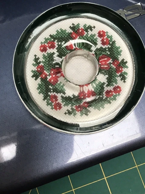 Clear Art Glass Candle Holder Paperweight Embroidered Holly Christmas