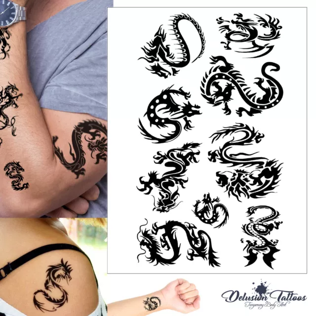 Tribal Dragon Temporary Tattoo Set - Black Waterproof Mens Womens Kids Body Art