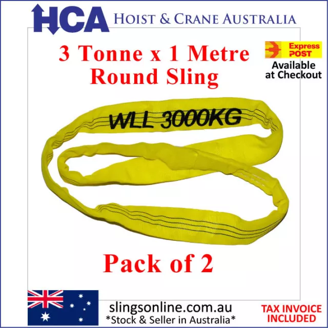 ( 2 Pack ) 3 Tonne x 1 Metre Round Lifting Sling, Aust.Standard with Test cert.