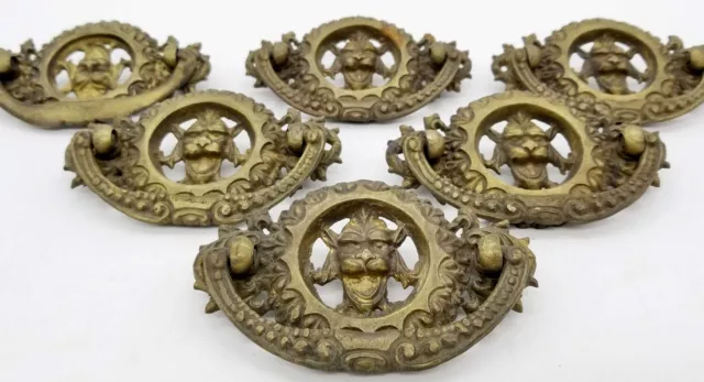 6 Antique French Cast Bronze Drawer Pulls  Lion Head Handle 19Th Cen