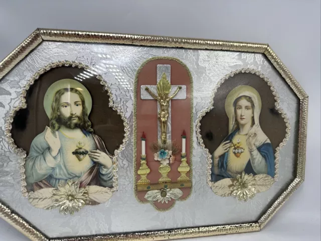 Vintage Sacred Heart of Jesus & Immaculate Heart 0f Mary Diorama Framed Wall Art