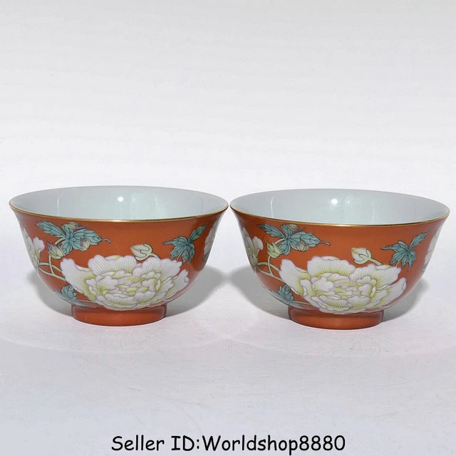 4.4" Kangxi Marked Old China allite red Porcelain Dynasty Flower Bowl Cup Pair