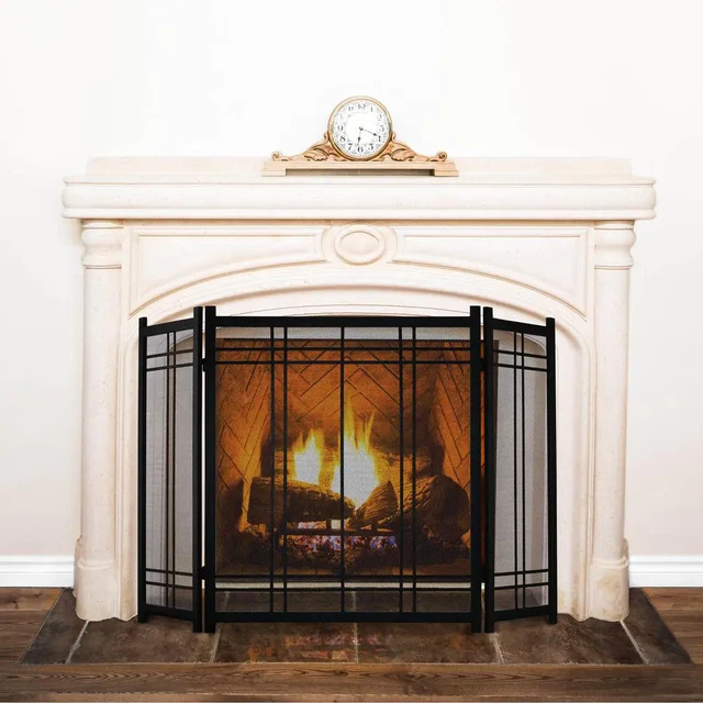 Vintage Fireplace Screen Freestanding 3-Panel Steel Mesh Heating Accessory 31 In