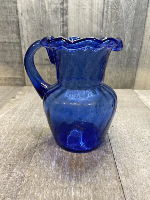 Vintage Cobalt Blue Glass Small Pitcher Hand Blown 5” Tall