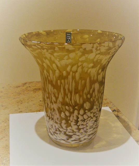 Burgh Hall Studio Art Glass Handmade Vase Mottled White on Amber Large Flared 7"