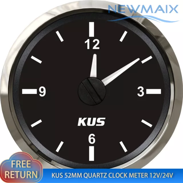 KUS 52mm Marine Quartz Clock Meter Gauge 12 Hour Format with Backlight 12V/24V