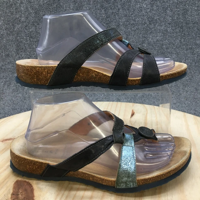 Think Sandals Womens 40 Strappy Thong Slide  8010 Blue Leather Open Toe Wedge