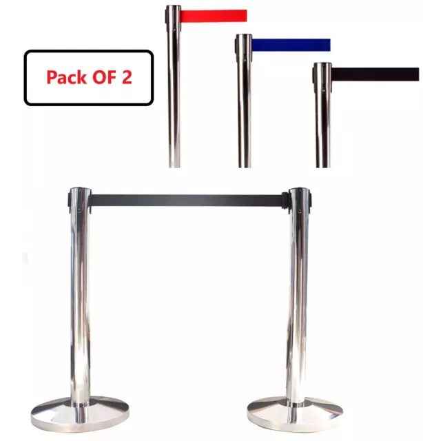 2 Retractable Belt Barrier Queue Posts Pole Crowd Control Stainless Steel New