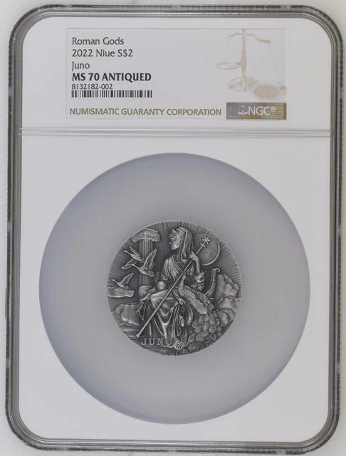 2022 $2 Niue Roman Gods JUNO Antique Finish 2 Oz Silver Coin NGC MS70 Antiqued
