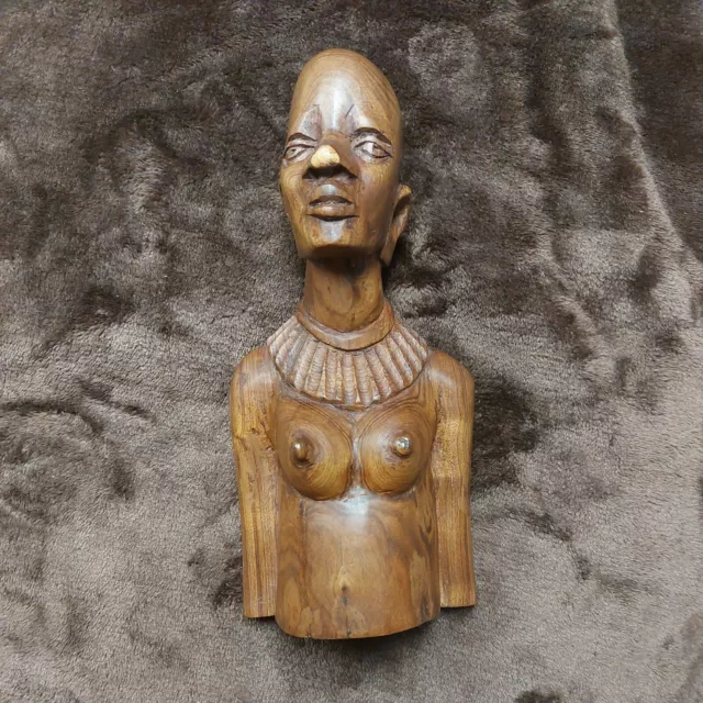 African Tribal Carved Nude Woman Wooden Bust 9 1/2" Figure Beautiful