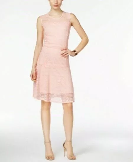 NWT Ny Collection Womens Size Xlarge Pink Mixed-lace Illusion Fit & Flare Dress