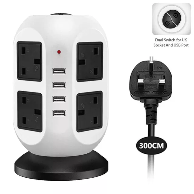 8 Way Tower Power Extension Lead with USB 3M UK Plug -Multi Socket Surge Protect