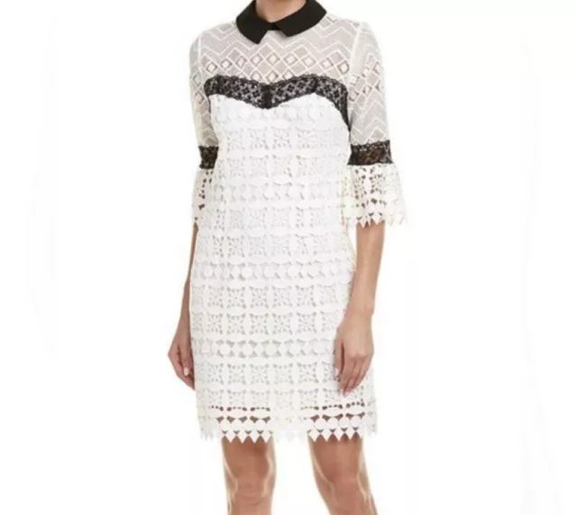 Nanette Lepore Sheath White Lace Bell Sleeve Collared Chic Dress Black Sz 6