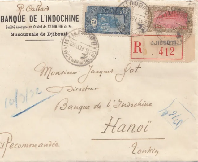 Äthiopien:  1932: Banque de l'Indochine, Einschreiben Djibouti nach Hanoi