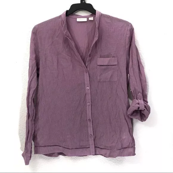 Nordstrom Lingerie Womens Sleep Top Size S Purple Crepe Button Front Woven PJ