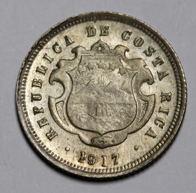 1917 Costa Rica Silver 10 Céntimos Coin aUnc Low Mintage 99.7k aUnc KM# 148