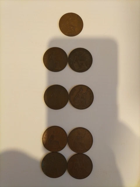 9 vintage one penny coins, 1906 - 1967 Edward, George V & VI, Elizabeth II