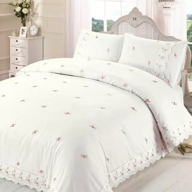 Cream Duvet Covers Embroidered Floral Rose Lace Vintage Quilt Cover Bedding Sets