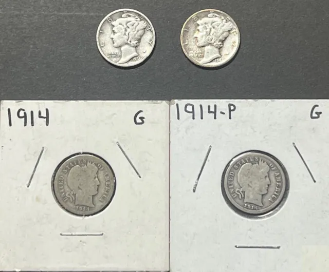 Lot of Four (4) Barber and Mercury Dimes 1914-P, 1936-S, 1941-D
