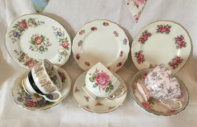 *3 Stunning Vintage Mismatched Pink Floral Roses Tea Set Cups Saucers Plates*