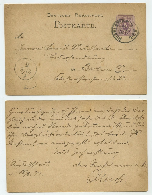 91067 - Ganzsache P 5 - Postkarte - Rudolstadt 20.8.1877 nach Berlin