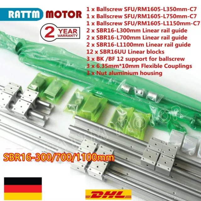 『EU』SBR16 Linear Rail Set+CNC Ballscrew RM1605-L350/750/1150mm&Nut+Coupler