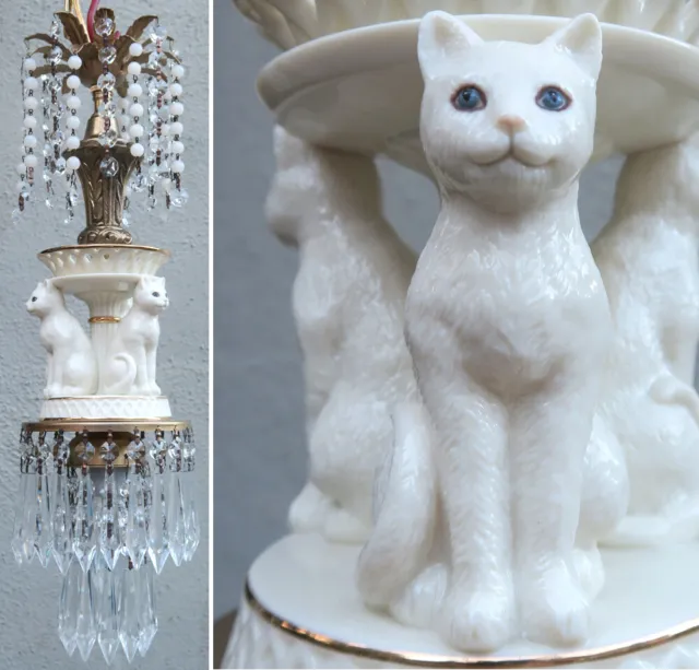 Lamp Chandelier Ivory Porcelain Cat Swag brass tole white Beaded crystal prism