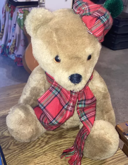 1984 DAKIN Scottish Teddy Bear  15" Red Plaid Scarf & Hat, Jointed Arms & Legs