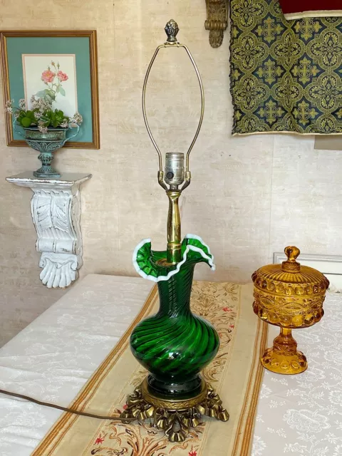 Fenton Emerald Green Swirl Snow Crest Table Lamp Brass Vase Shape 1940s Vintage