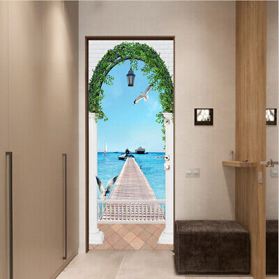 3D Arched Door Wood Bridge Seagull Seascape Door Sticker Mural for Bedroom Decor
