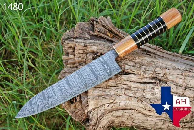Hand Forged Damascus Steel Chef Knife & Buffalo Horn W/Olive Wood Handle Ah-1480
