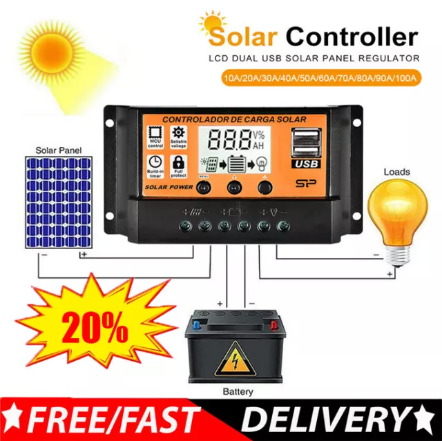 Regulador de panel solar MPPT/PWM 100A controlador de carga de batería 12V/24V doble Reino Unido~
