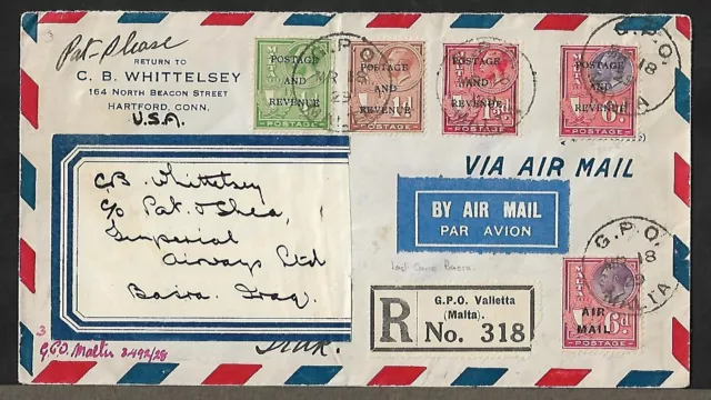 Malta To Iraq Air Mail Multiple Ovpt Franking On Cover 1929 Very Scarce