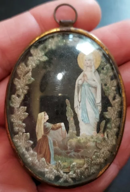 RELIGION - Reliquaire / Ex voto ancien Verre decoupis métal Vierge Marie SUPERBE