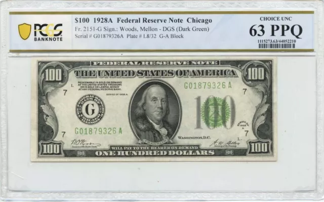 1928A $100 Federal Reserve Note Chicago FR#2151-G PCGS CH 63 PPQ