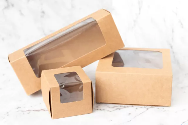 10x Kraft Cupcake Box Brown Cardboard Window Long Container Party Favour 4 Sizes