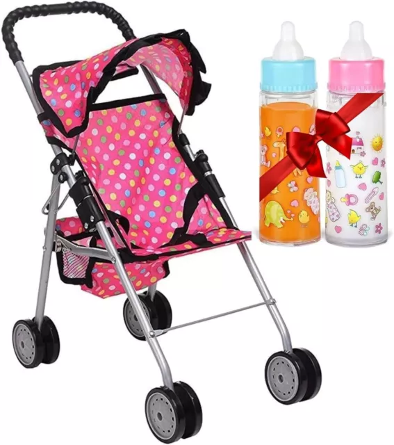 Dolls Stroller Kids Buggy Stroller Pushchair Baby Doll Pram 2 + Magic Bottles