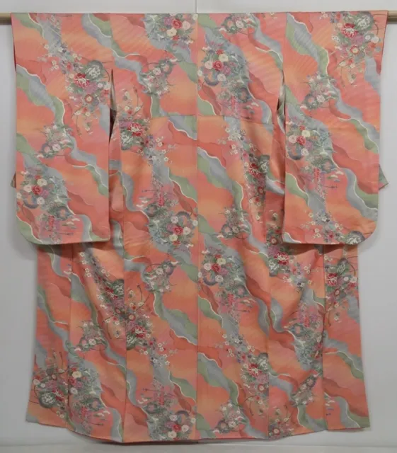 0909i04z900 Japanese Kimono Silk KOMON Coral pink Flowers