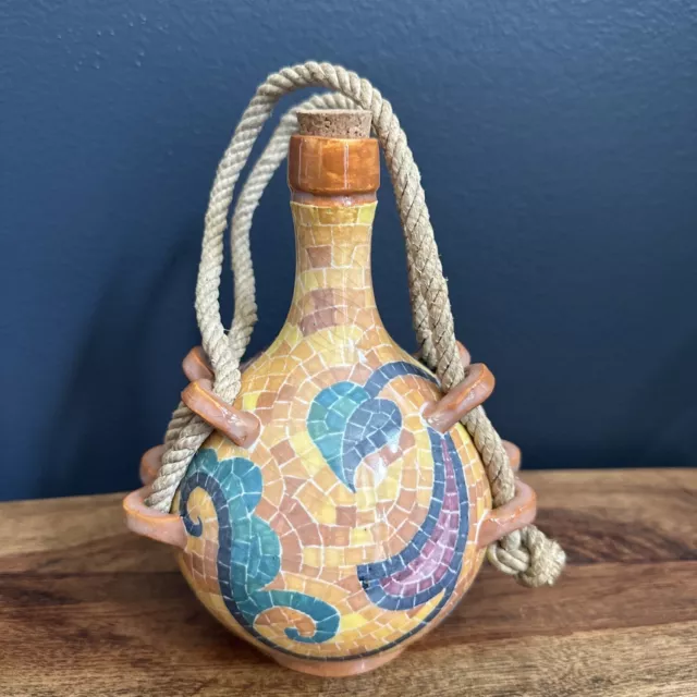Italian Pottery Hand Painted Olive Oil Decorative Decanter with Rope Signed 6.5”