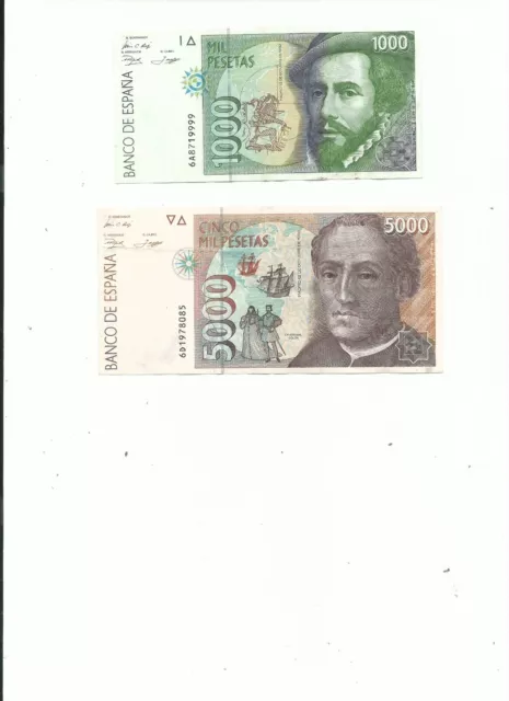 Spain 1000&5000 Pesetas, Pre-Euro Banknotes 1992-FREE USA SHIPPING!